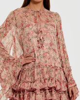 Pink Floral Long Sleeve Ruffle Mini Dress